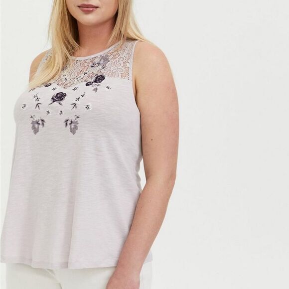 NWT Torrid Lilac Purple Slub Jersey Embroidered Lace Tank Shirt Top 00 Sz 10/12 - Picture 1 of 5